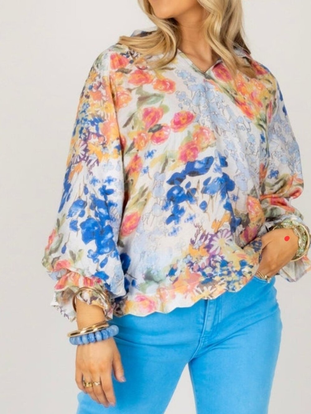 Umgee Floral V-Neck Lightweight Blouse - Blue, Pink, Yellow - Picture 5 of 5